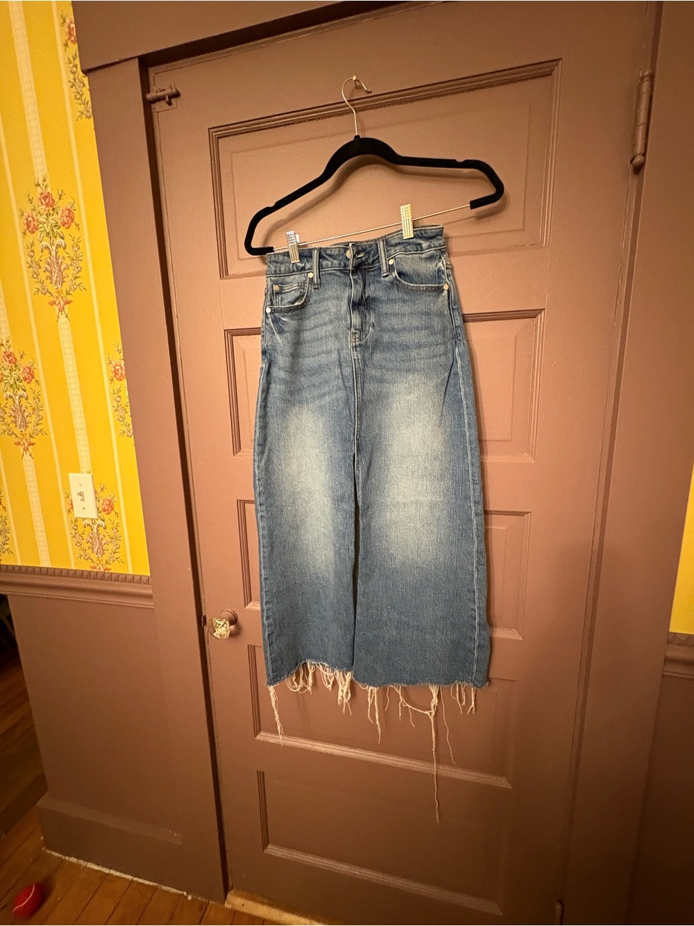 Quince Blue Denim Midi Skirt with Frayed Hem slit in front size 25